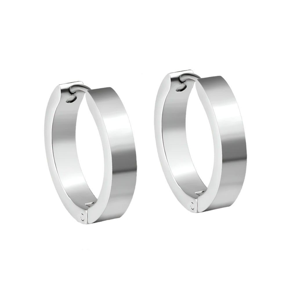 Silver hoop earrings with text indicating material and features on a white background