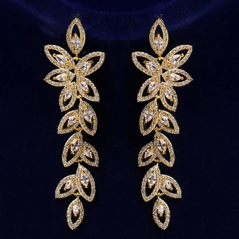 Gold Leaf Drop Earrings – Statement Zirconia Jewelry