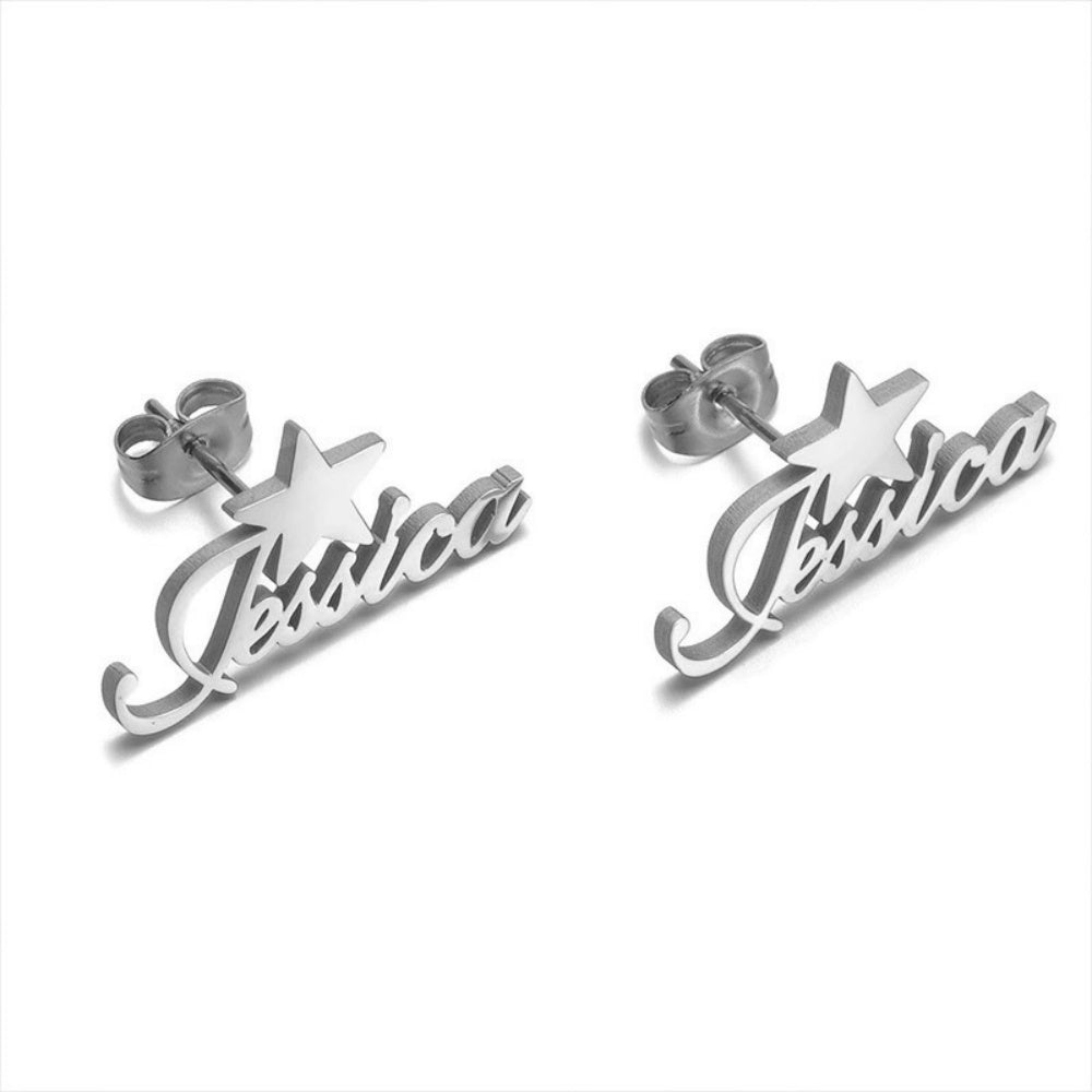 Elegant gold earrings featuring custom name and star.
