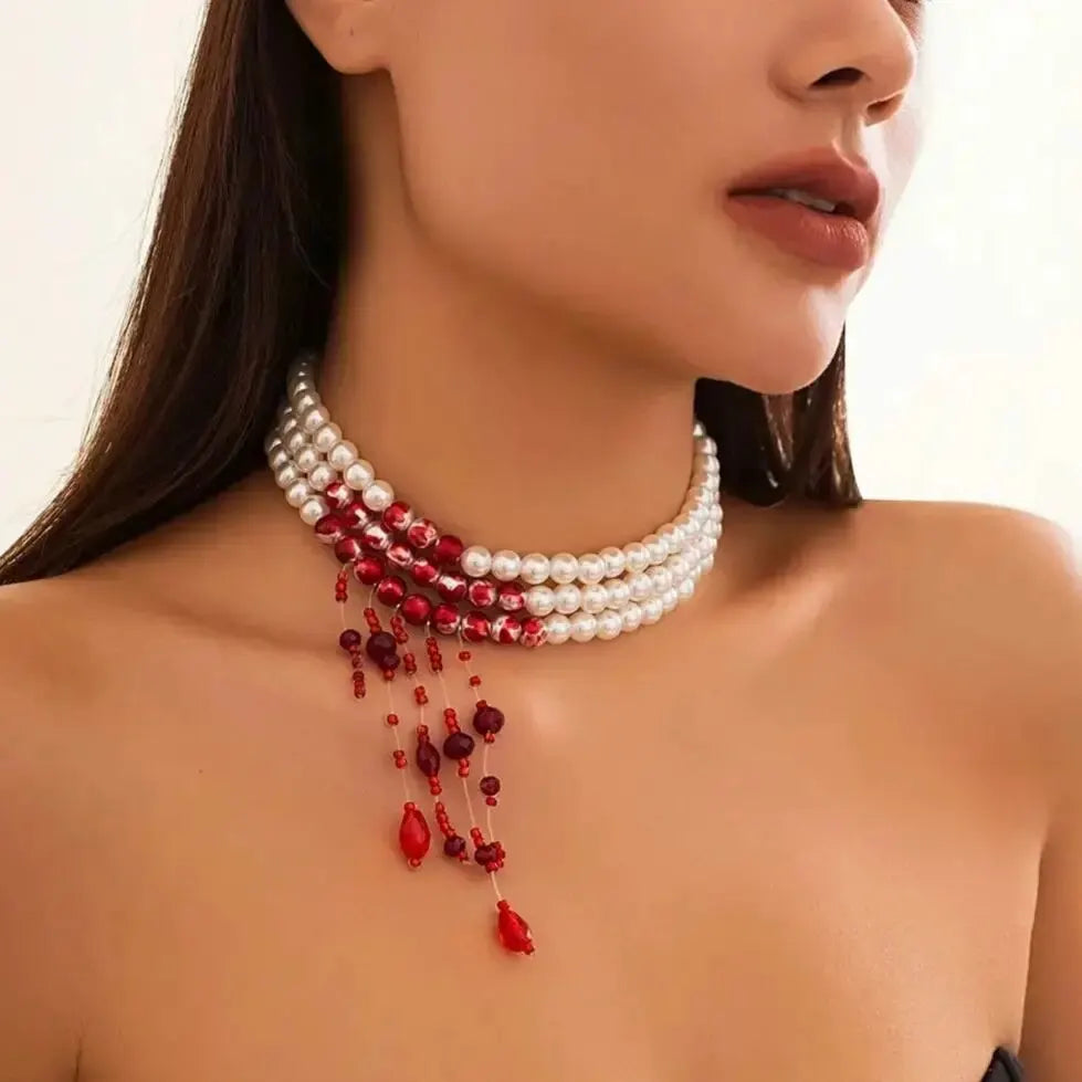 Multilayer  Red Blood Pattern Imitation Pearl  Pendant Necklace  Goth Crystal Bead Chain Halloween Jewelry