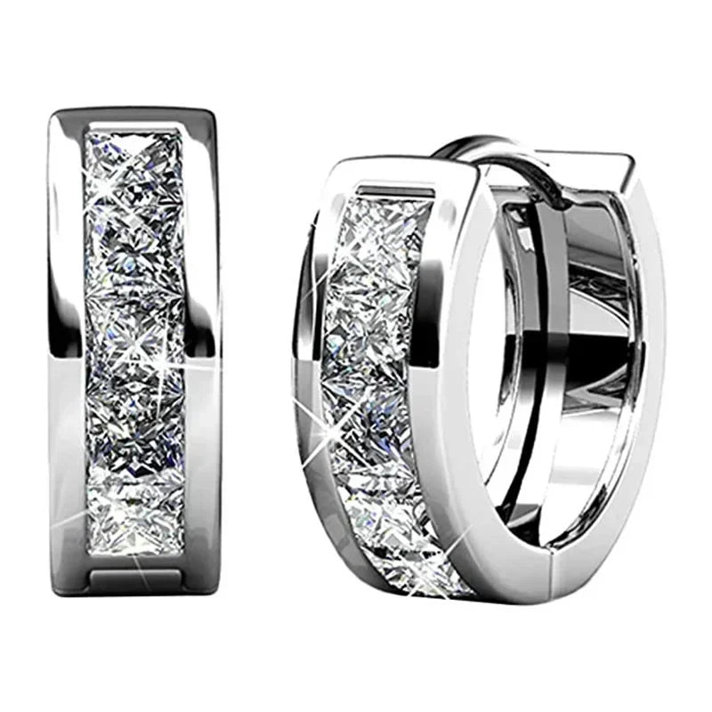 Plated Princess Cut Crystal Huggie Hoop Earrings.