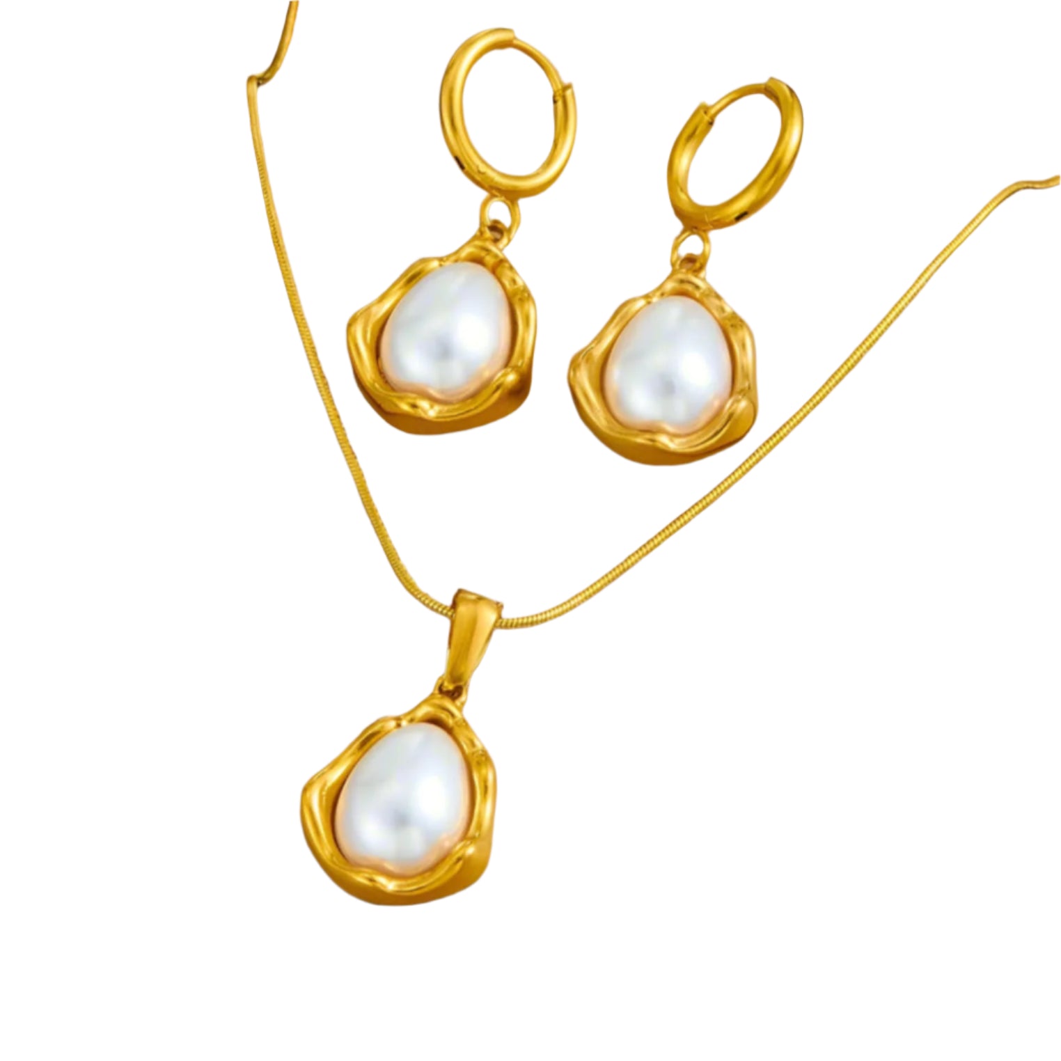 Golden Tide – Water Droplet Pearl Necklace & Earrings Set