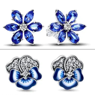 925 Silver Earring Blue Pansy Flower Stud