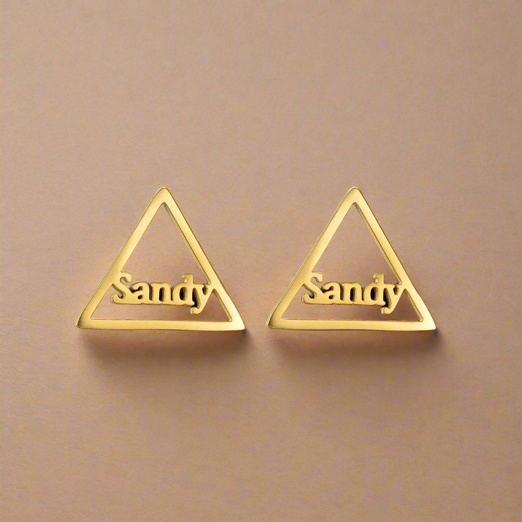 Gold triangular earrings with customizable names