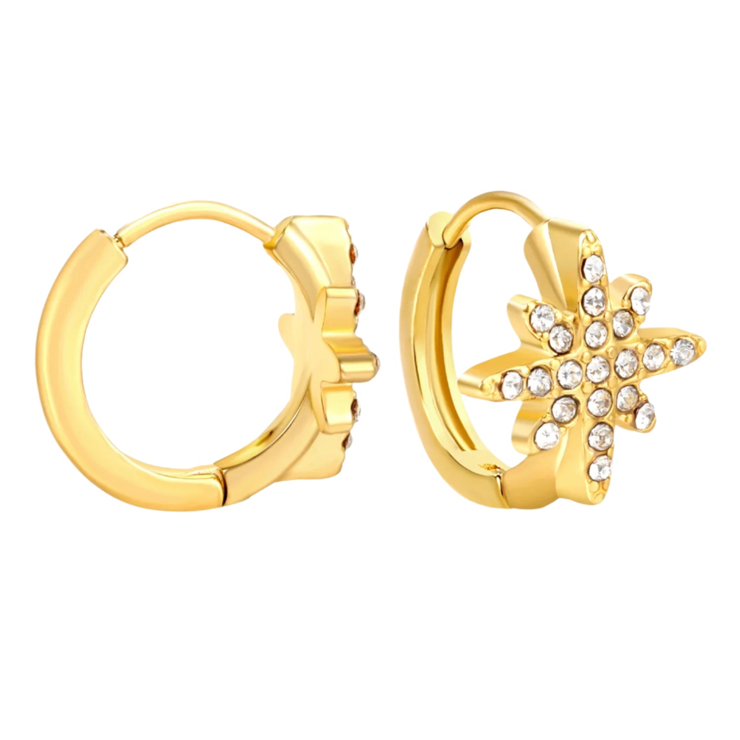 Gold hoop earrings with star design and measurements on a white background