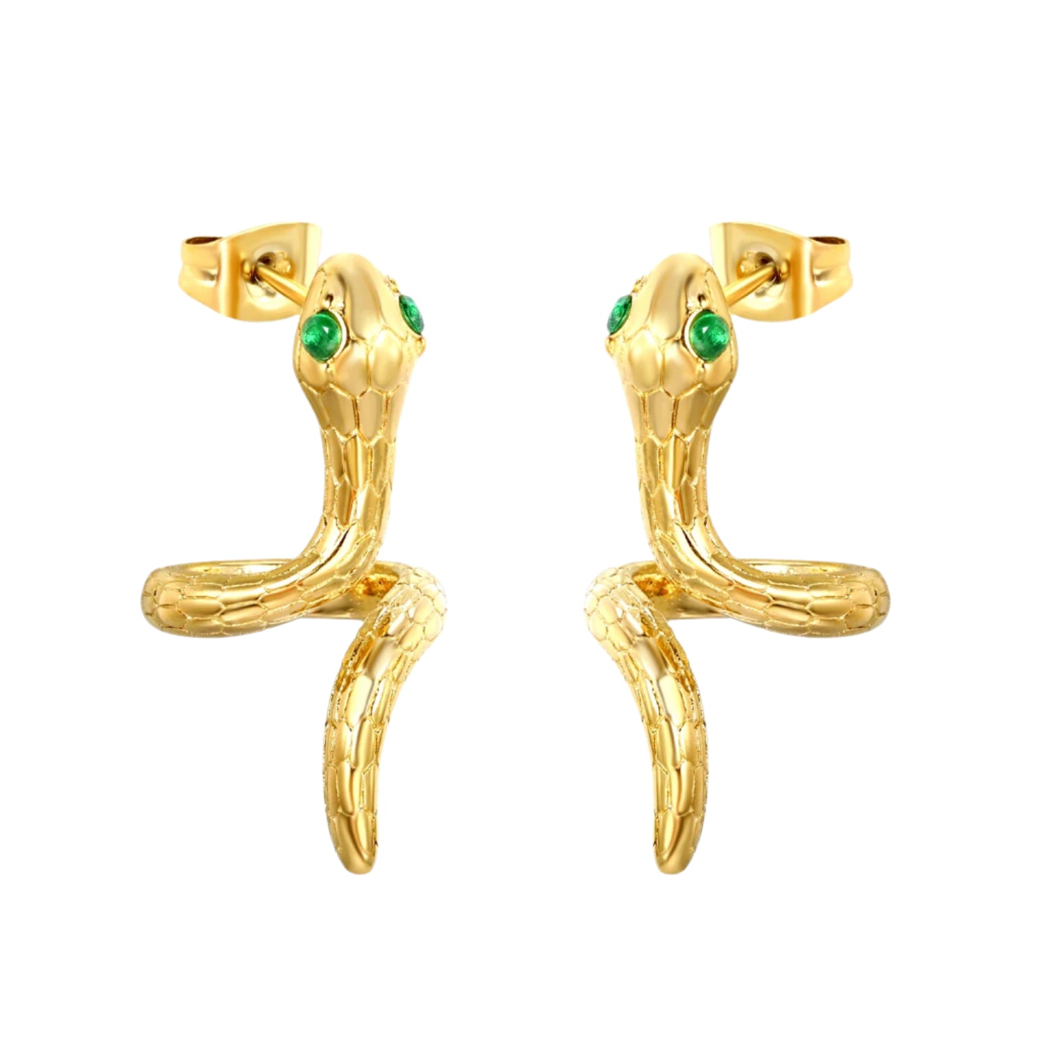 Gold snake-shaped earrings with green gemstones on a white background