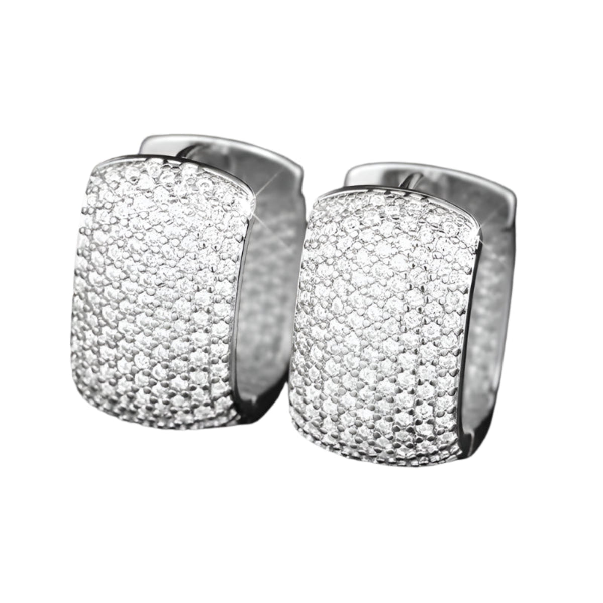 Silver U-shaped hoop earrings with cubic zirconia on black background
