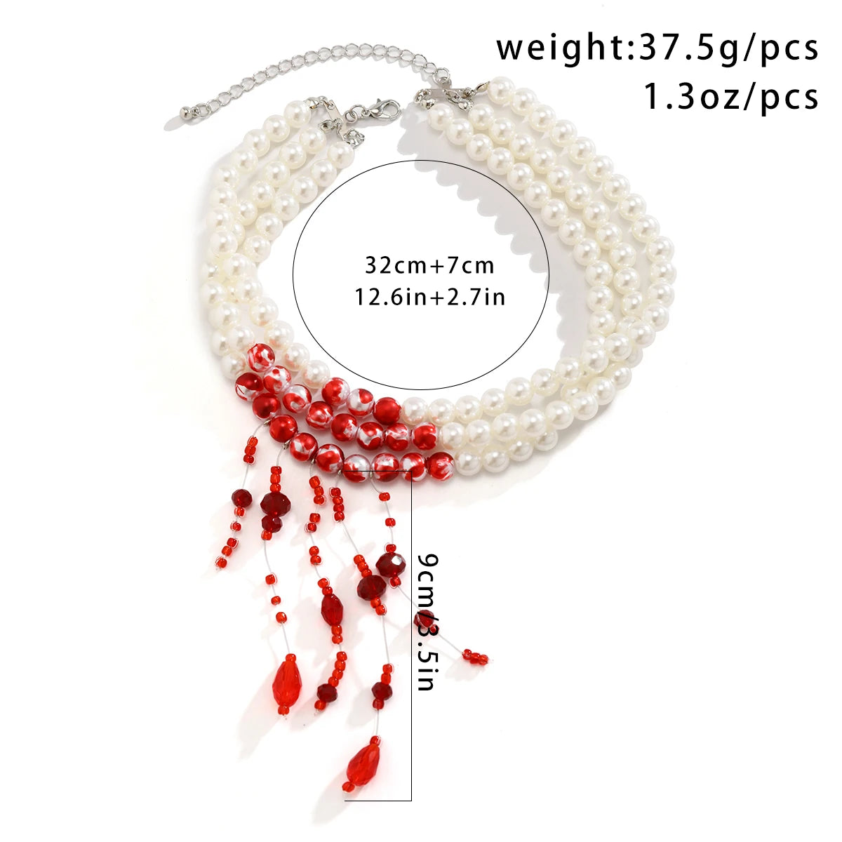 Multilayer  Red Blood Pattern Imitation Pearl  Pendant Necklace  Goth Crystal Bead Chain Halloween Jewelry