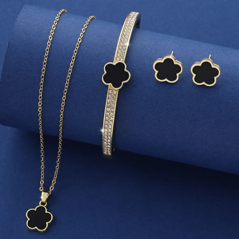 Set of 3 Clover Jewelry Necklace Bracelet Earrings For Women Luck Happiness.