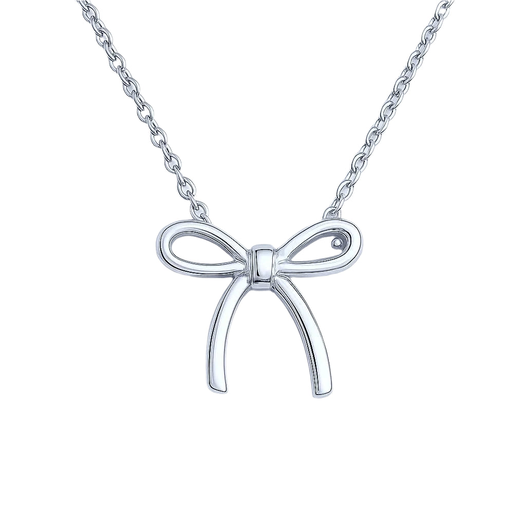 Necklace with polished bow design on display.