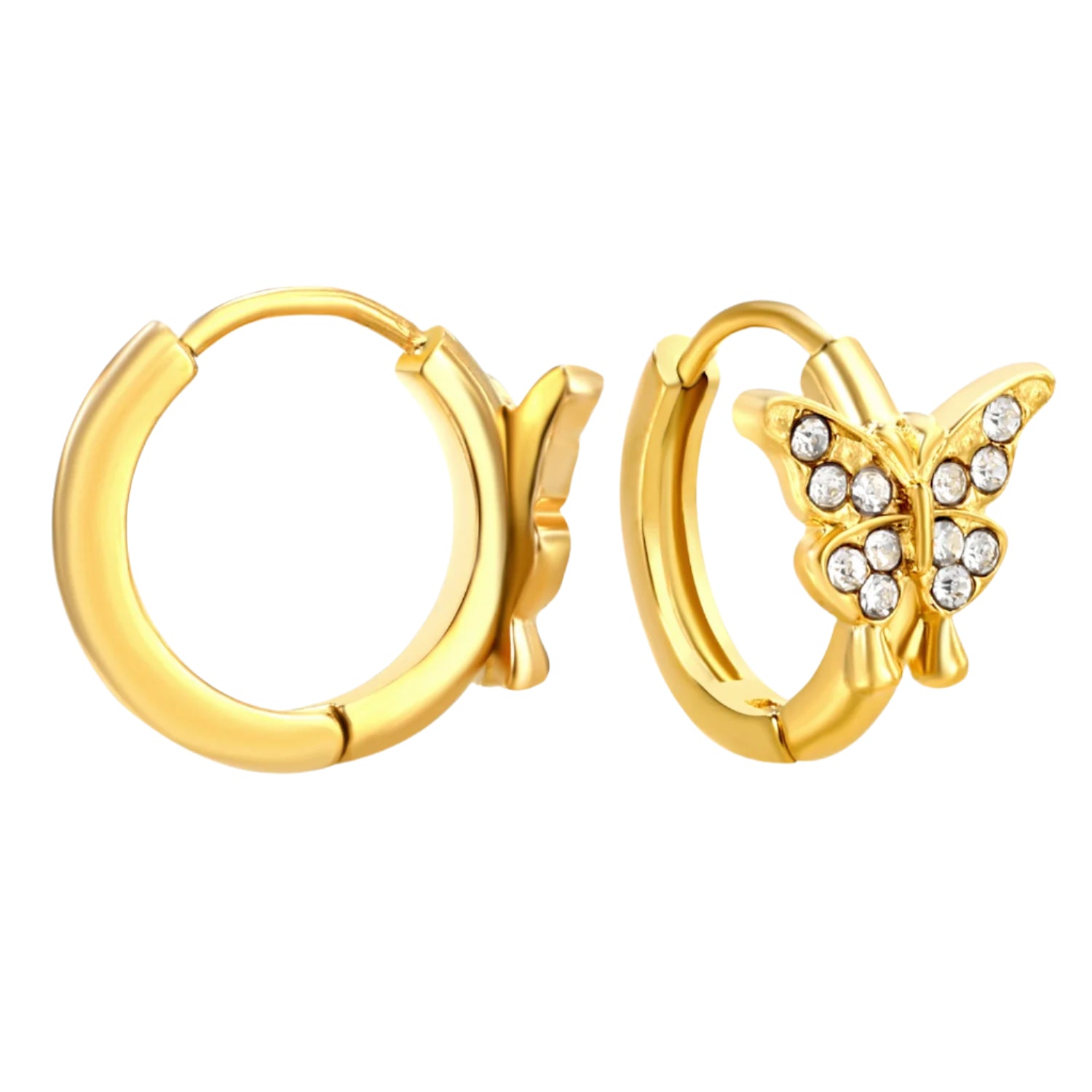 Gold hoop earrings with butterfly design and measurements on a white background
