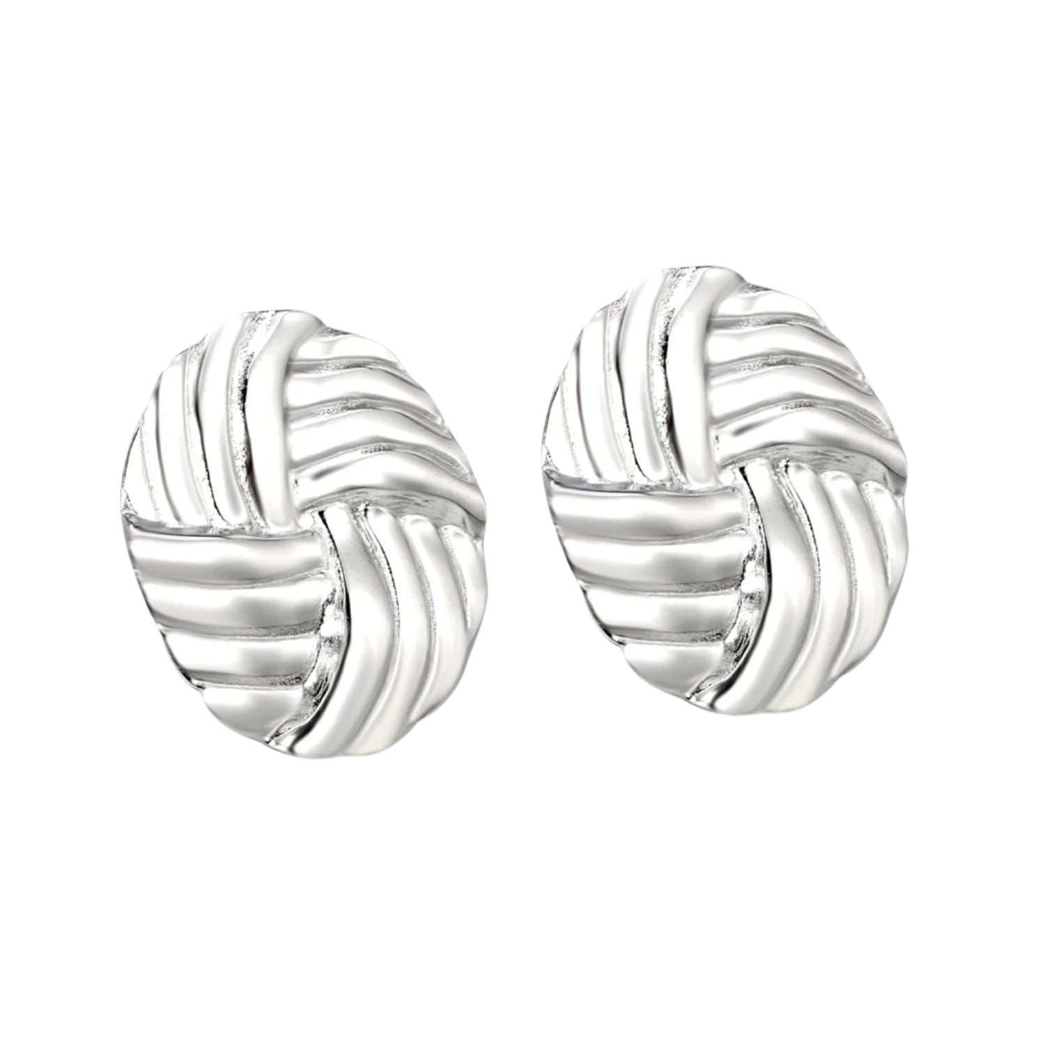 Silver earrings with braided design on a white background