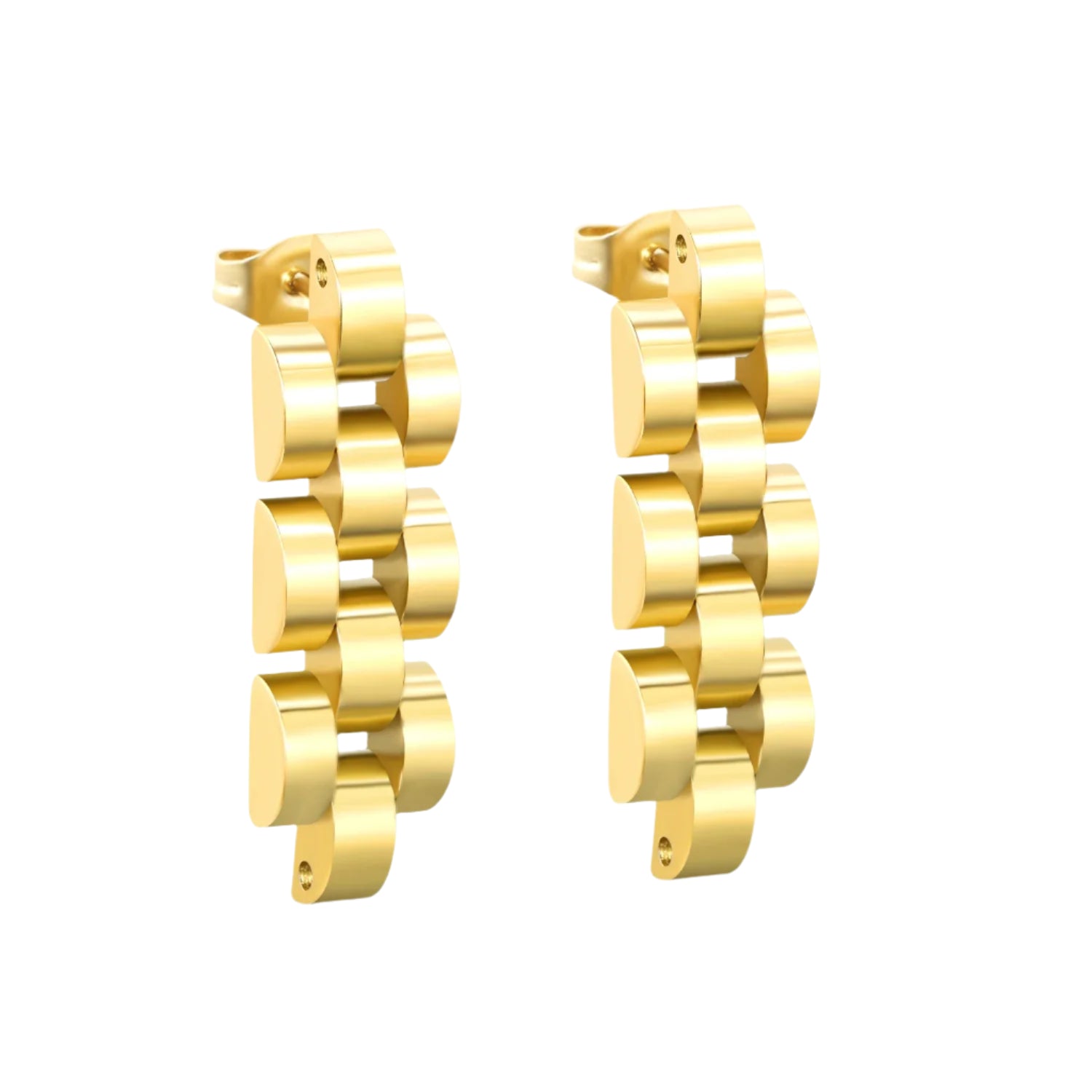 Gold hoop earrings with chain design on a white background