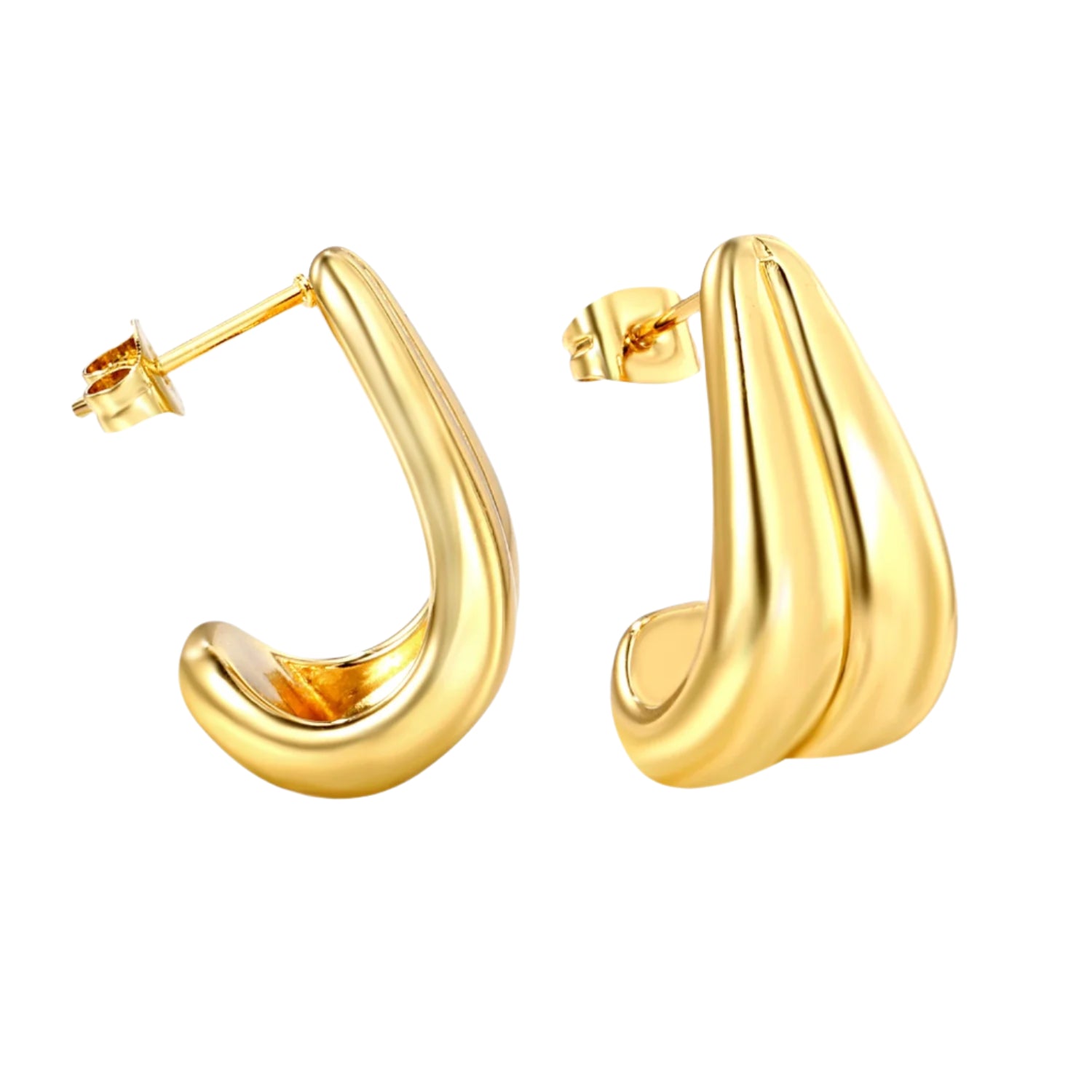 Gold hoop earrings on a white background with size and weight information.