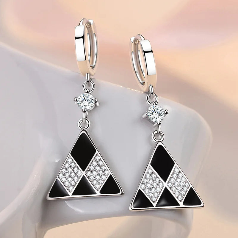 Earrings For Women Jewelry Shiny Zircon Retro Black Geometric Triangle Ear Drop.