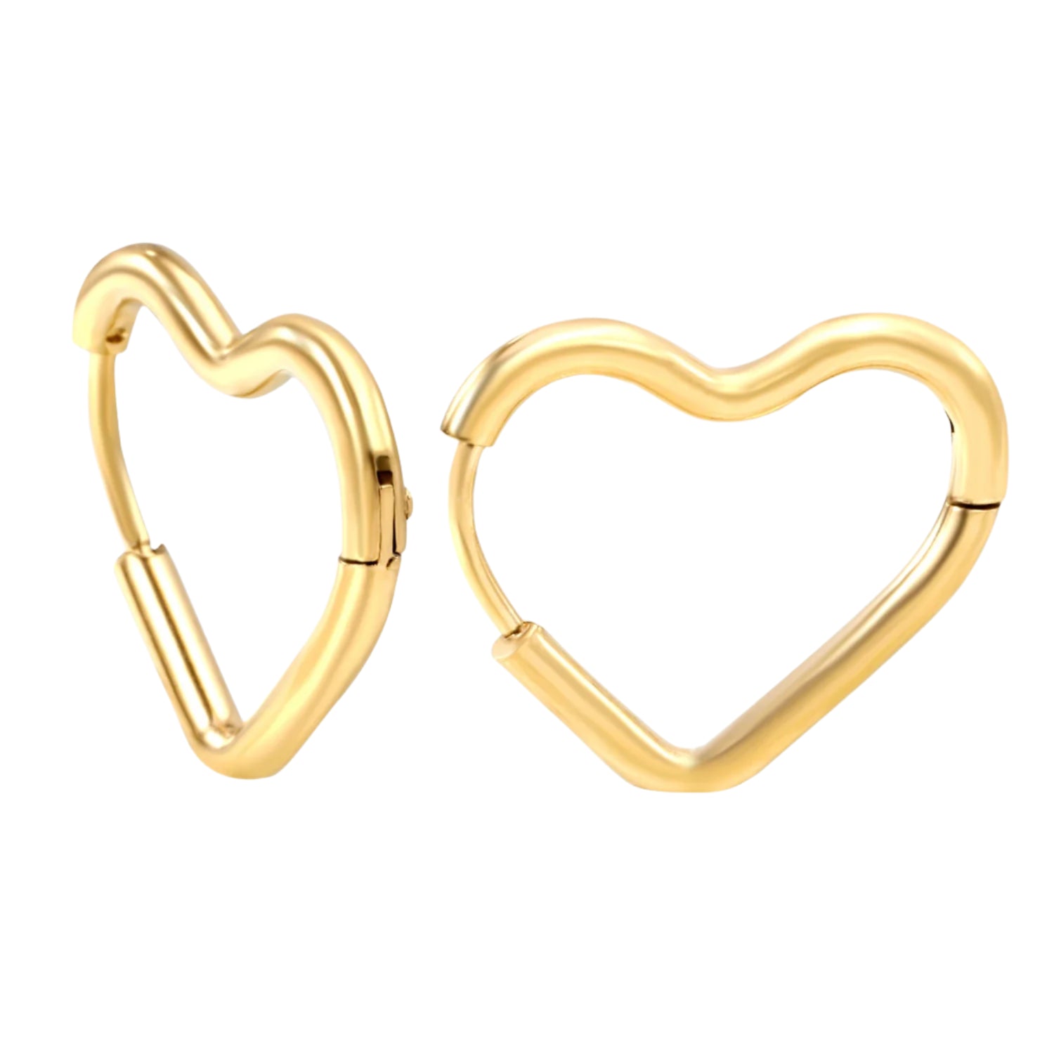 Gold heart-shaped hoop earrings with measurements and weight on a white background