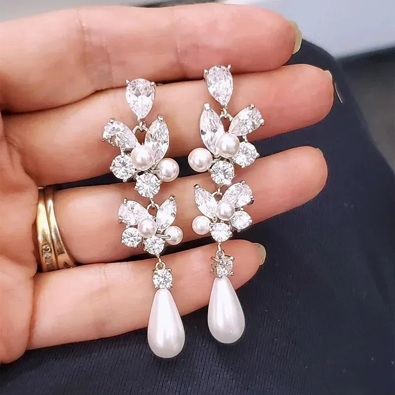 Elegant Floral Crystal Drop Earrings.