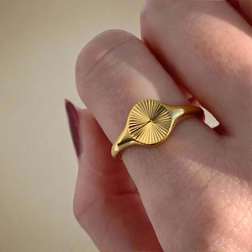 Minimalist gold ring on a white background.  