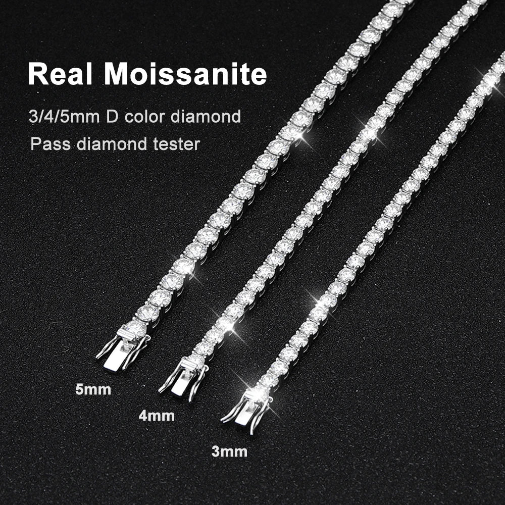 Size comparison of 3mm, 4mm, and 5mm moissanite bracelets on black velvet