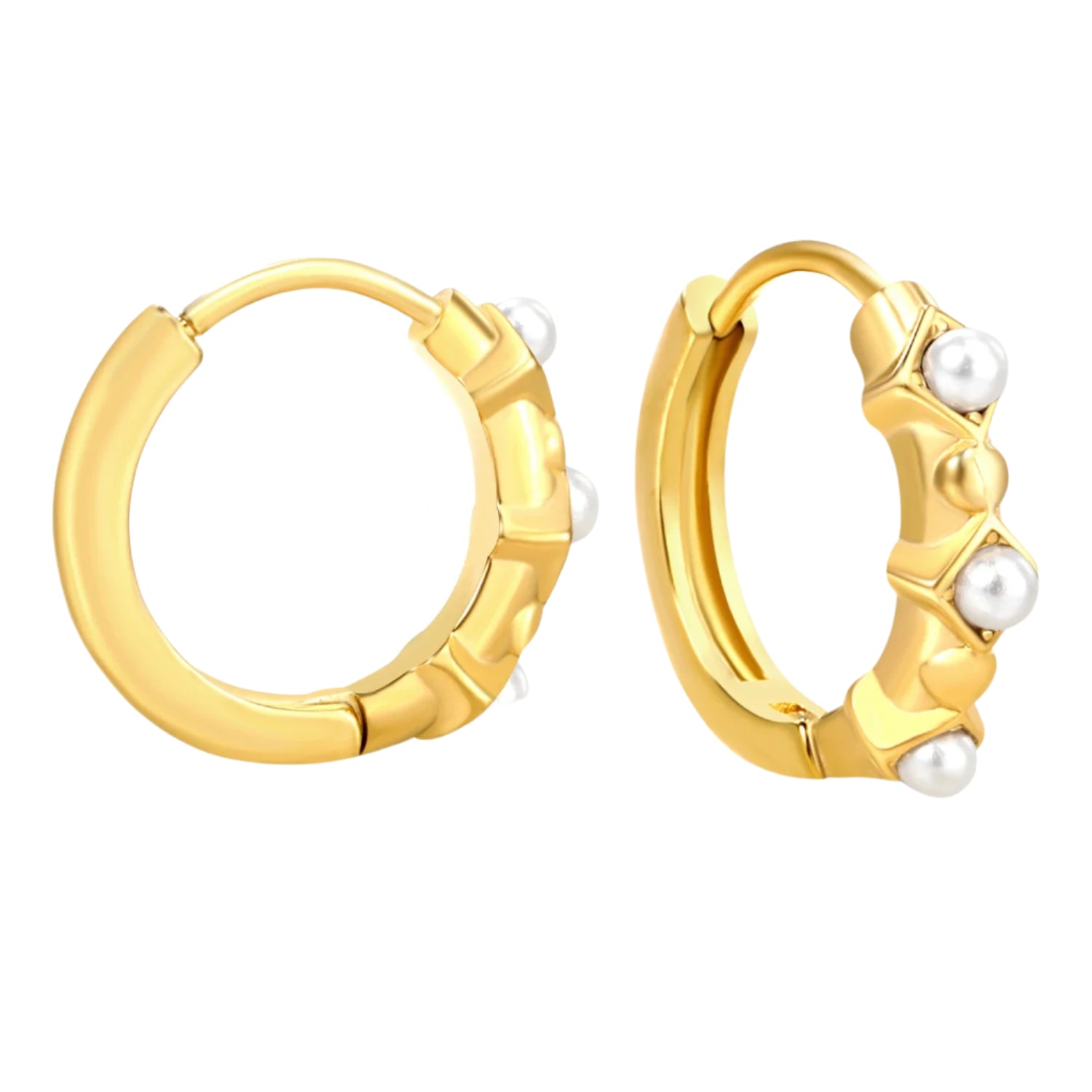 Gold hoop earrings with pearl accents and measurements on a white background