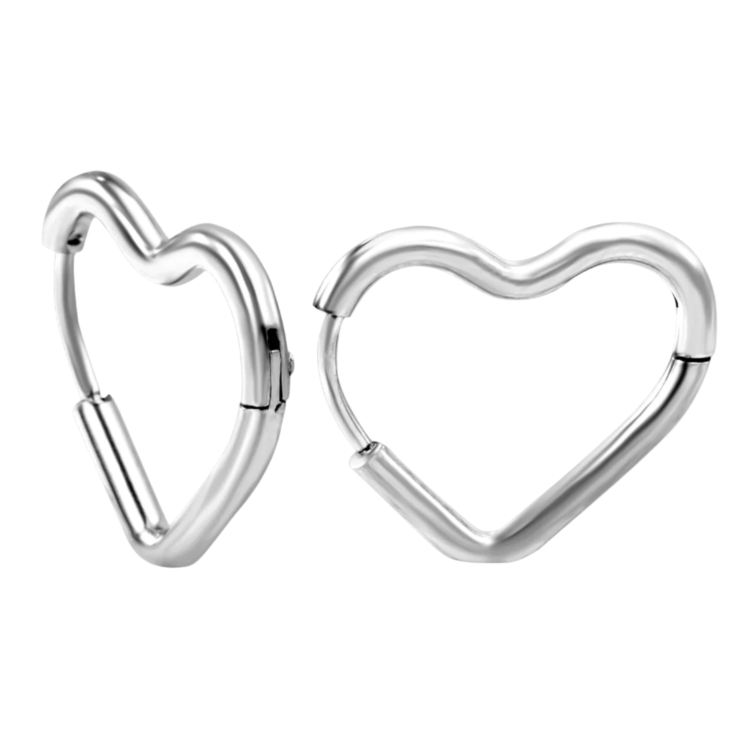 Heart-shaped silver hoop earrings with measurements and weight on a white background