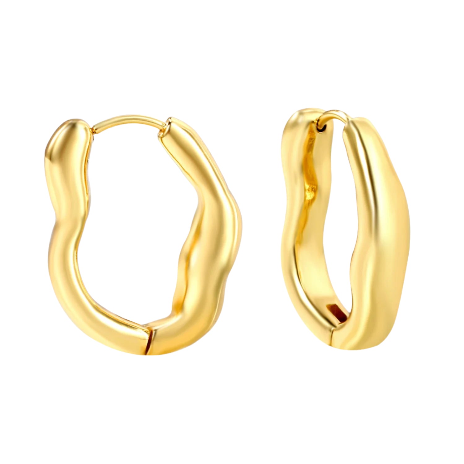 Gold hoop earrings with measurements on a white background