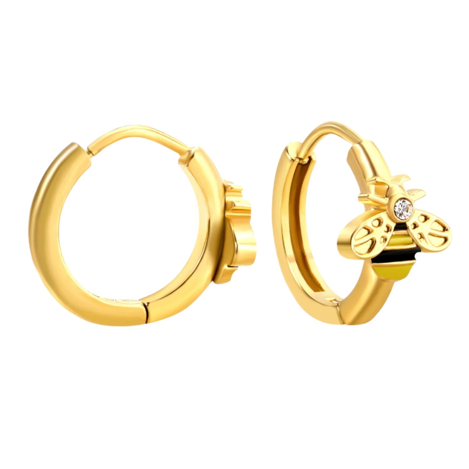 Gold hoop earrings with bee design and measurements on a white background