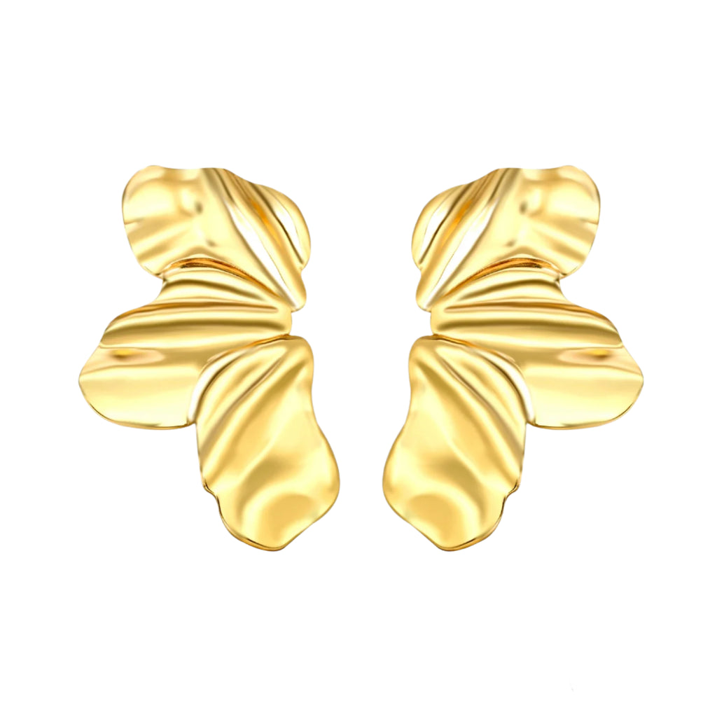 Gold earrings with measurements on a white background