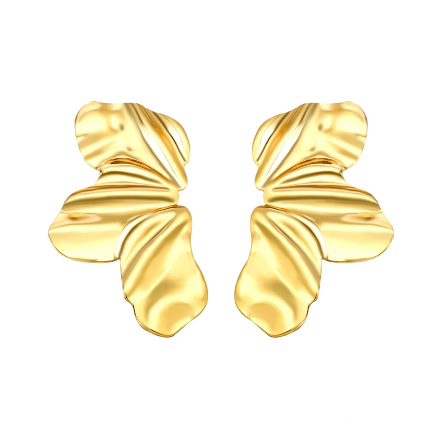 Gold earrings with measurements on a white background