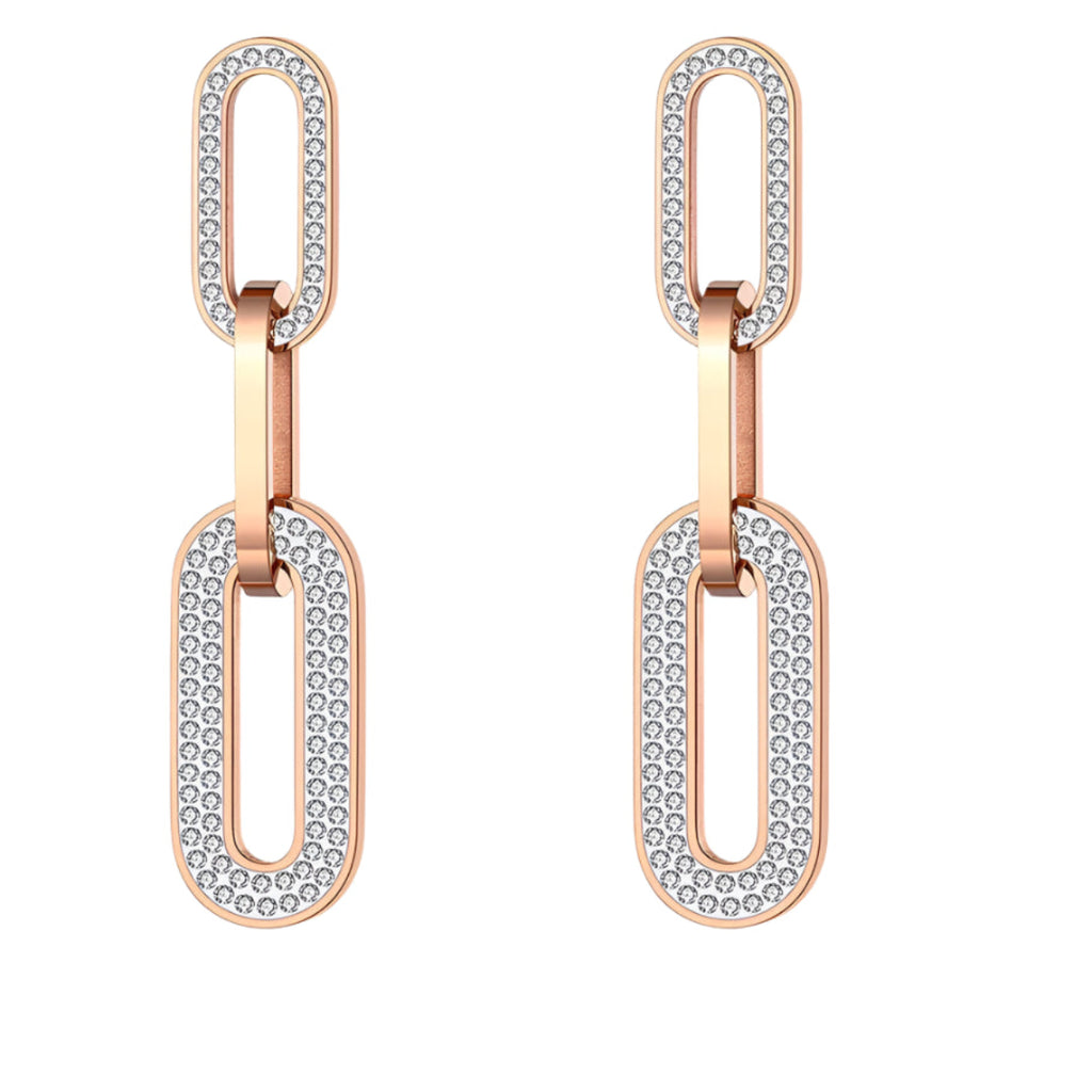 Gold double-link rhinestone earrings – front view