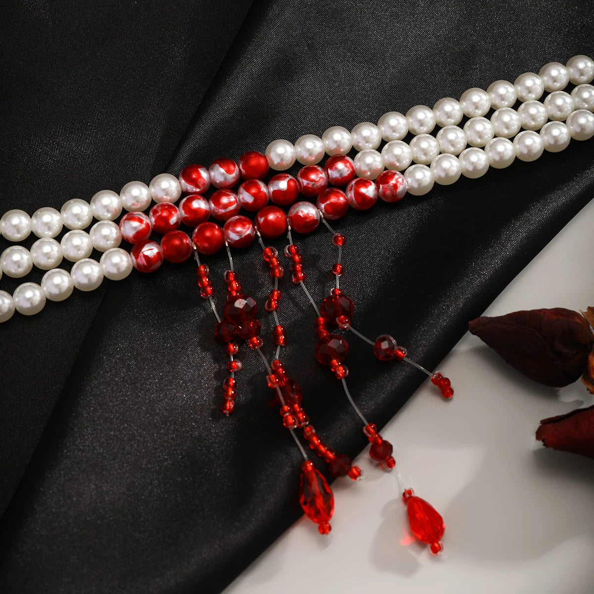 Multilayer  Red Blood Pattern Imitation Pearl  Pendant Necklace  Goth Crystal Bead Chain Halloween Jewelry