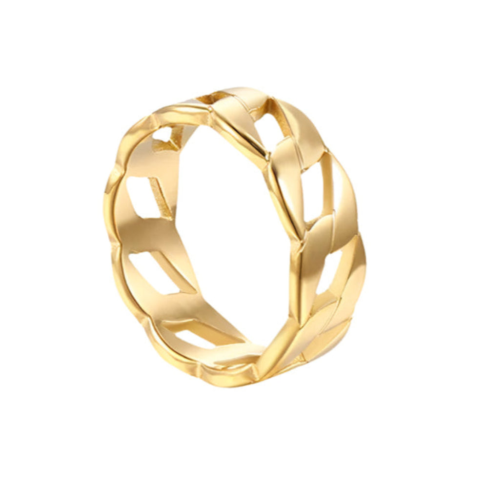 Braided gold band ring on white background.