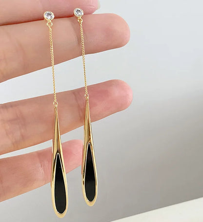 Simple zircon alloy long black Water Drop Earrings