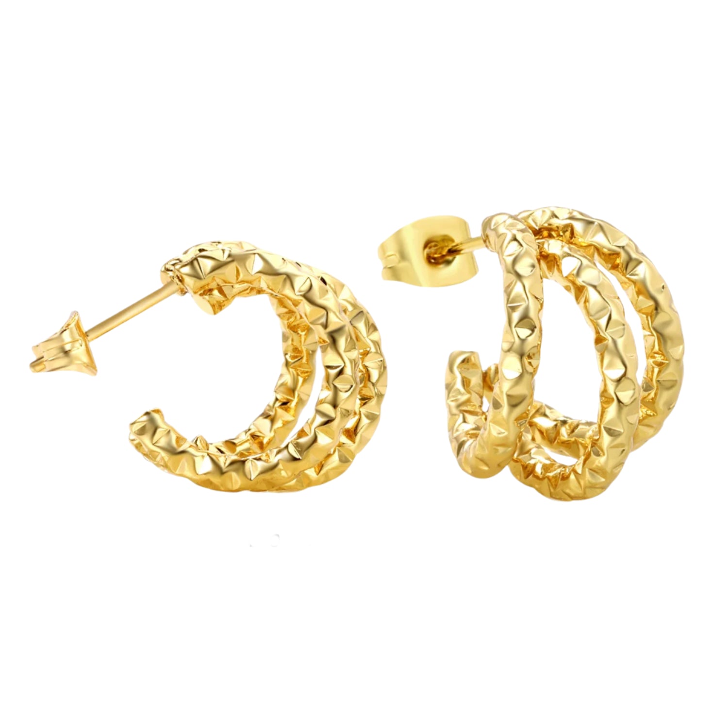 Gold hoop earrings with measurements and weight on a white background