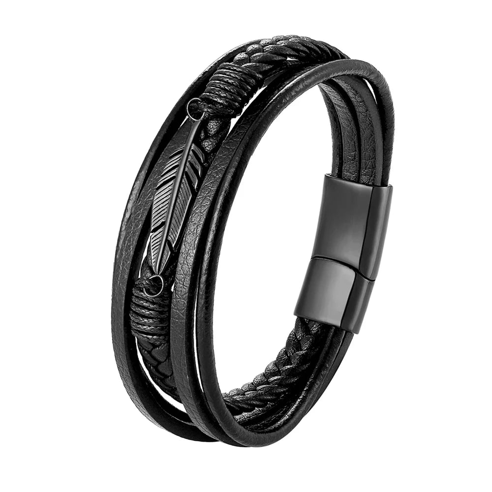 Multilayer leather bracelet with feather.
