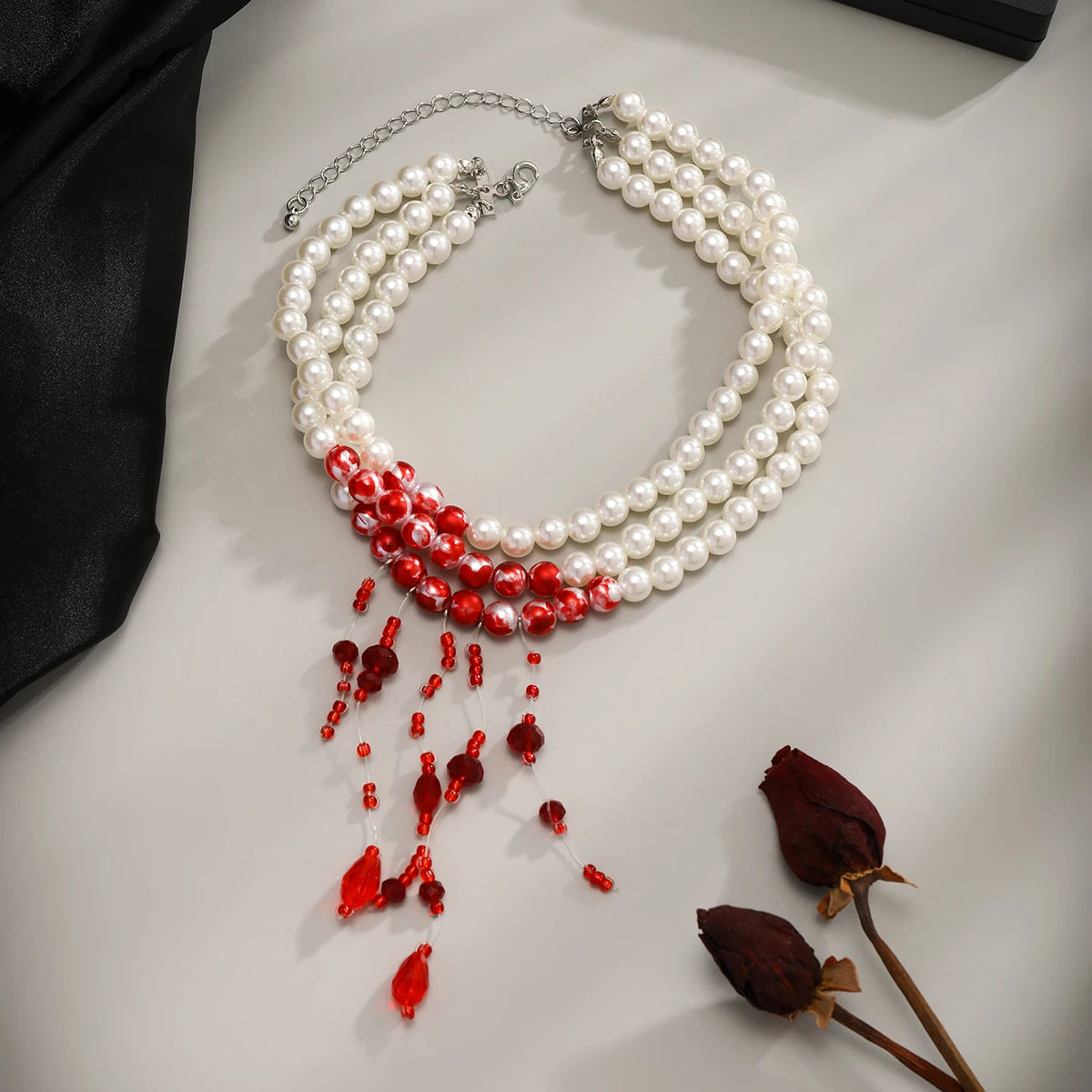 Multilayer  Red Blood Pattern Imitation Pearl  Pendant Necklace  Goth Crystal Bead Chain Halloween Jewelry