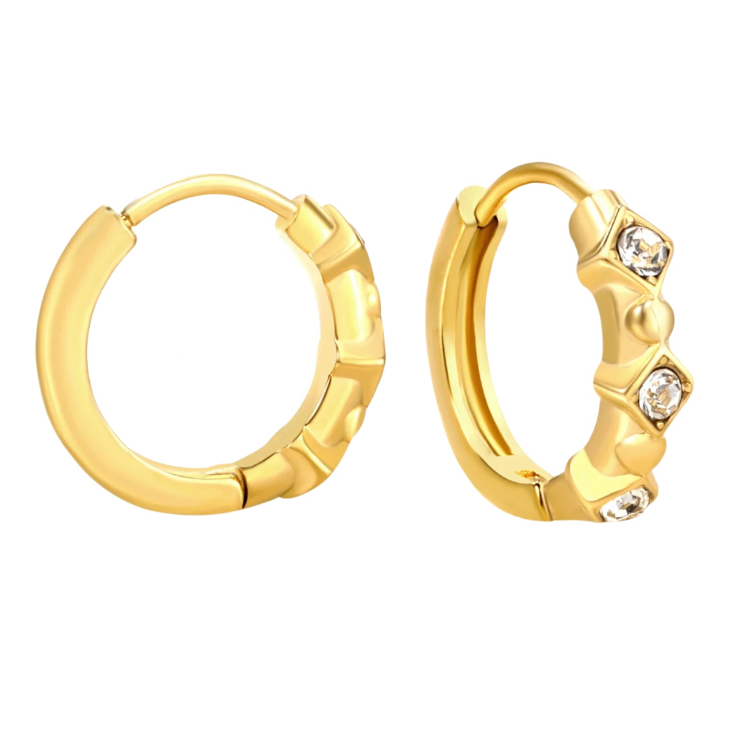 Gold hoop earrings with measurements on a white background
