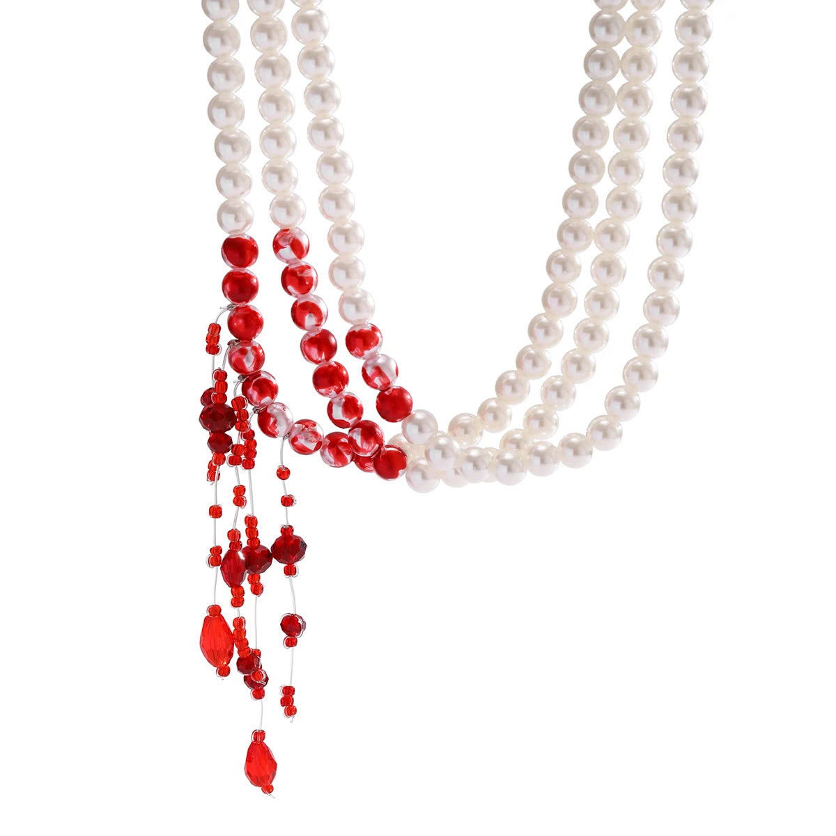 Multilayer  Red Blood Pattern Imitation Pearl  Pendant Necklace  Goth Crystal Bead Chain Halloween Jewelry