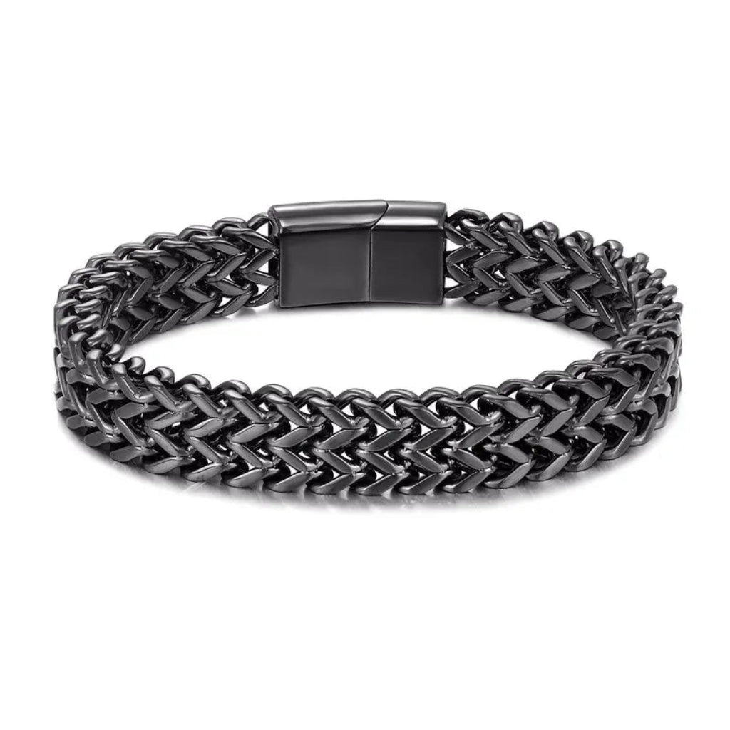 Black braided bracelet on a white background