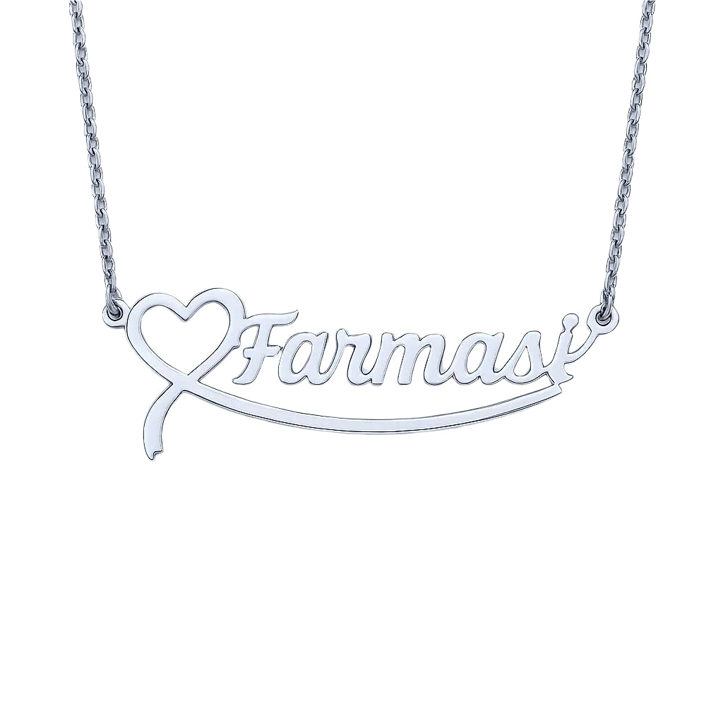 Silver version of Farmasi name necklace with heart detai