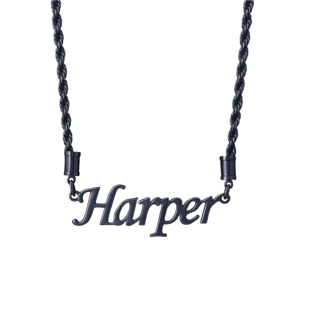 Black  twisted chain necklace with "Harper" in cursive letters.
