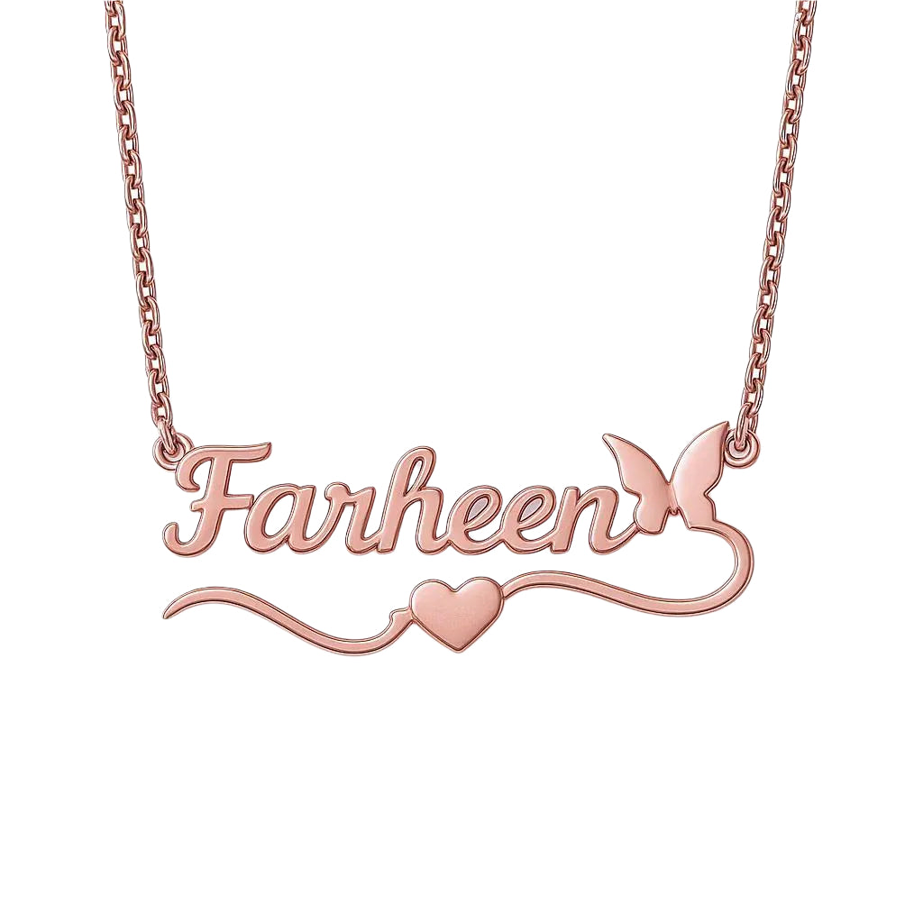 Rose Gold nameplate necklace with a butterfly accent 