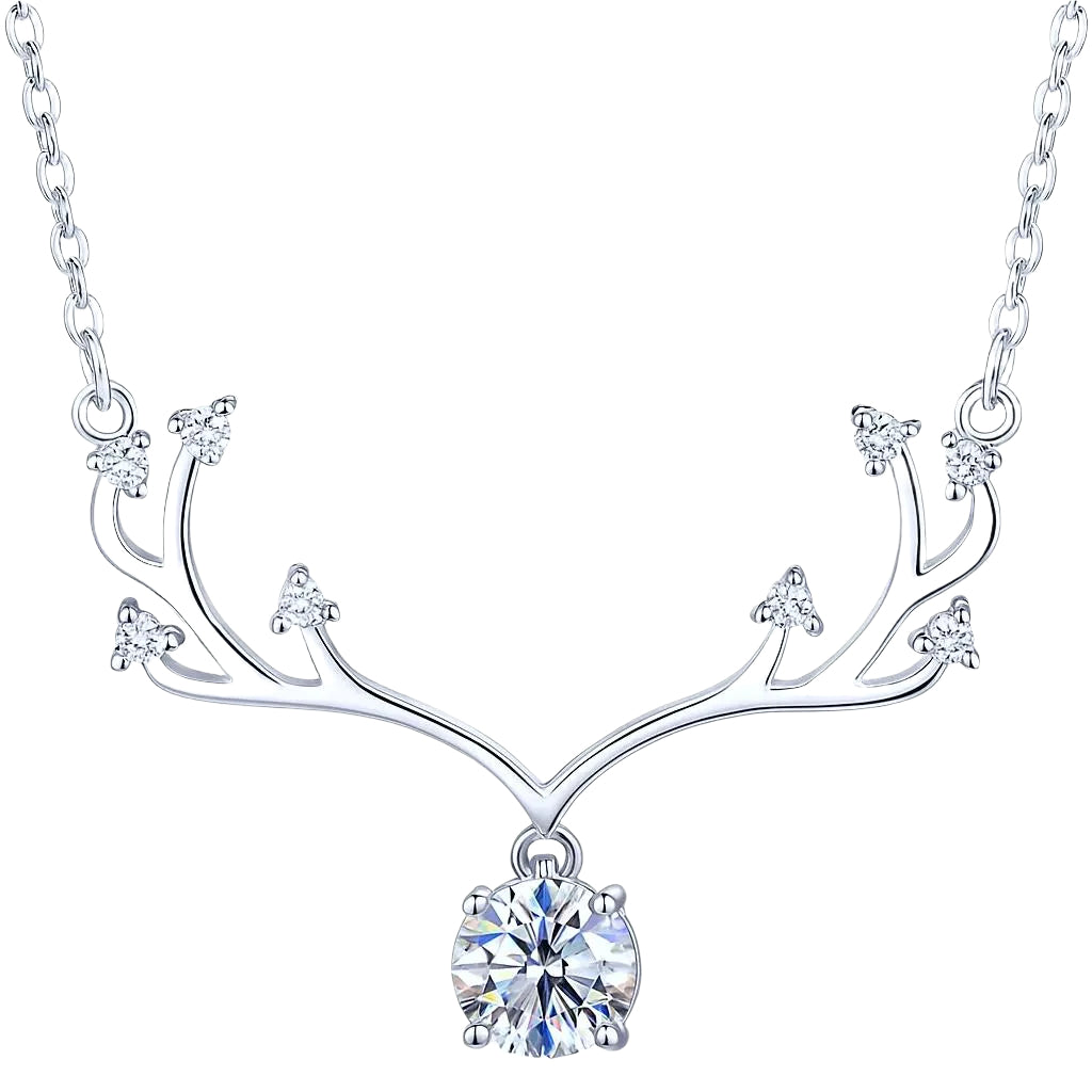 Close-up of silver antler necklace with sparkling stones.