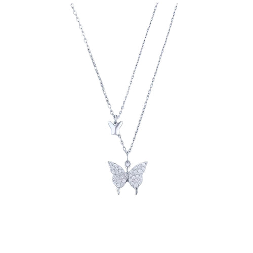 Silver butterfly pendant on a delicate chain.