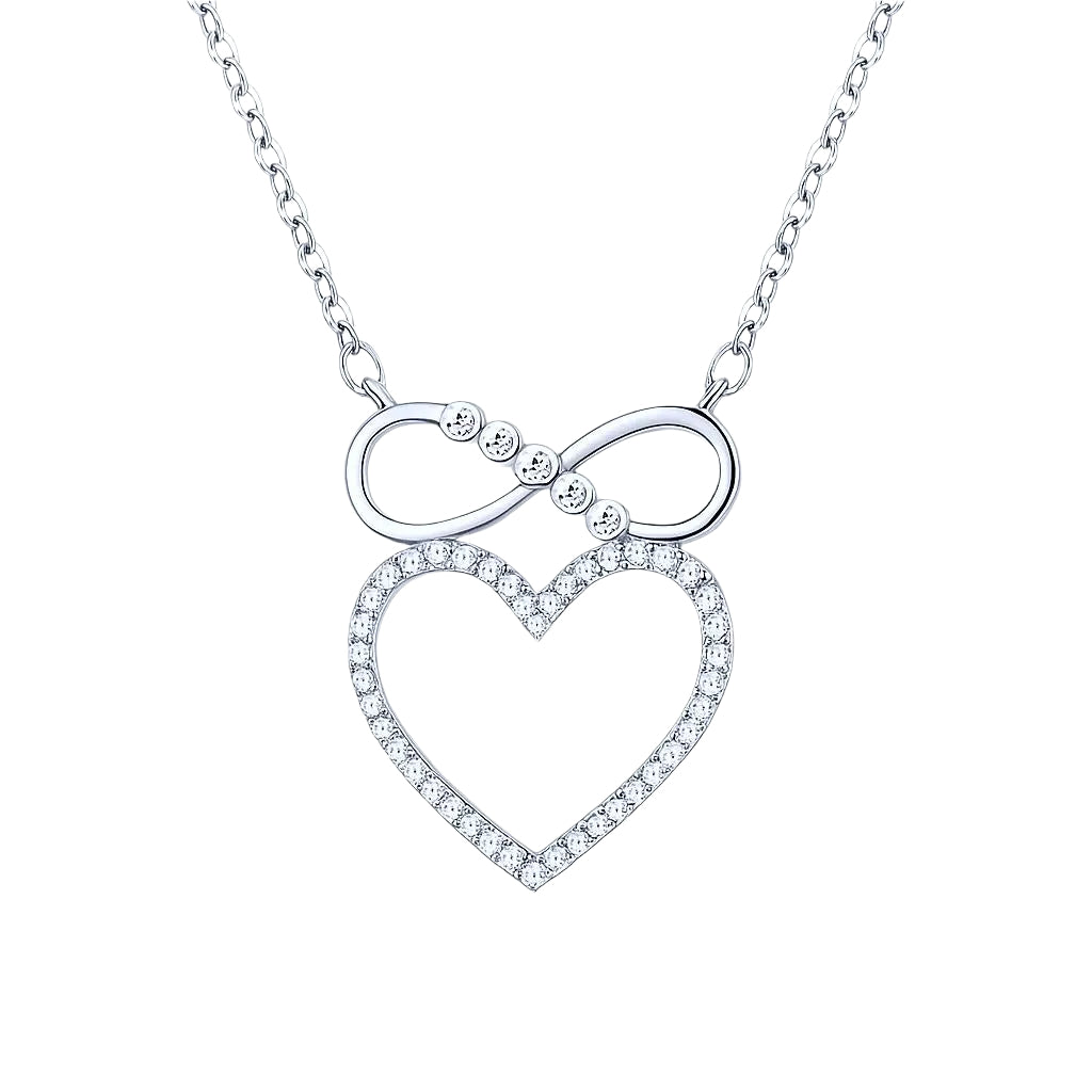 Heart-shaped pendant with bow detail on a silver chain.