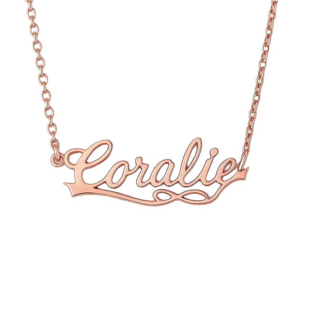 Close-up of delicate script design in rose gold.