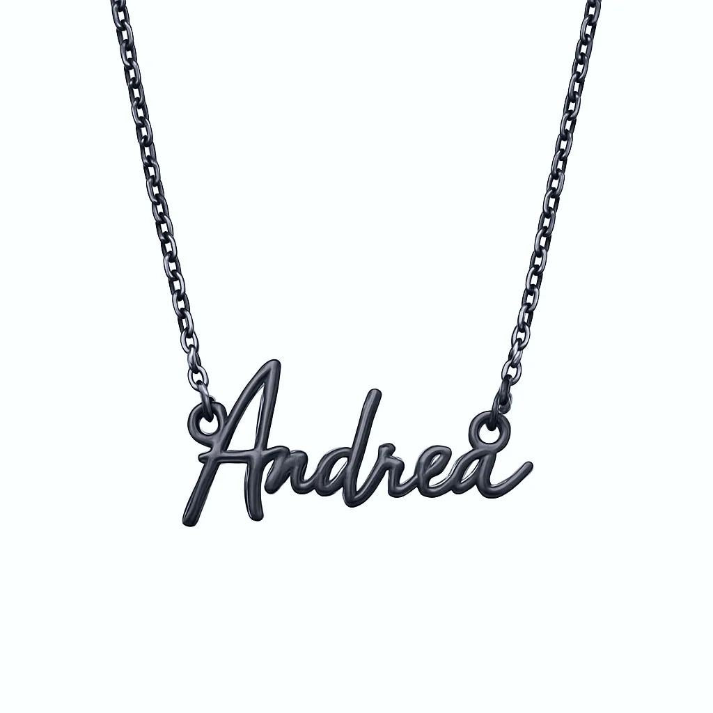 Elegant script necklace in polished black silver finish