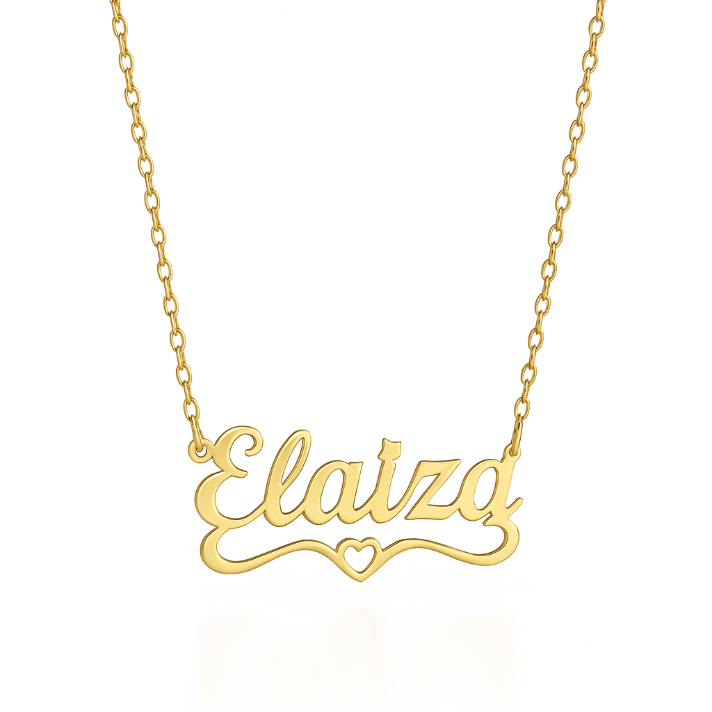 Gold name necklace on a black textured background.