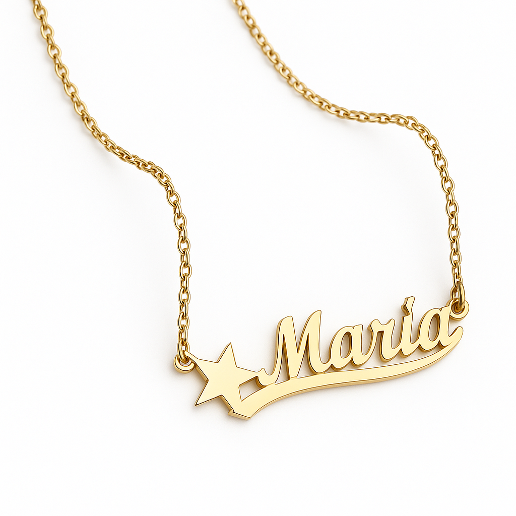 Gold script name necklace on 