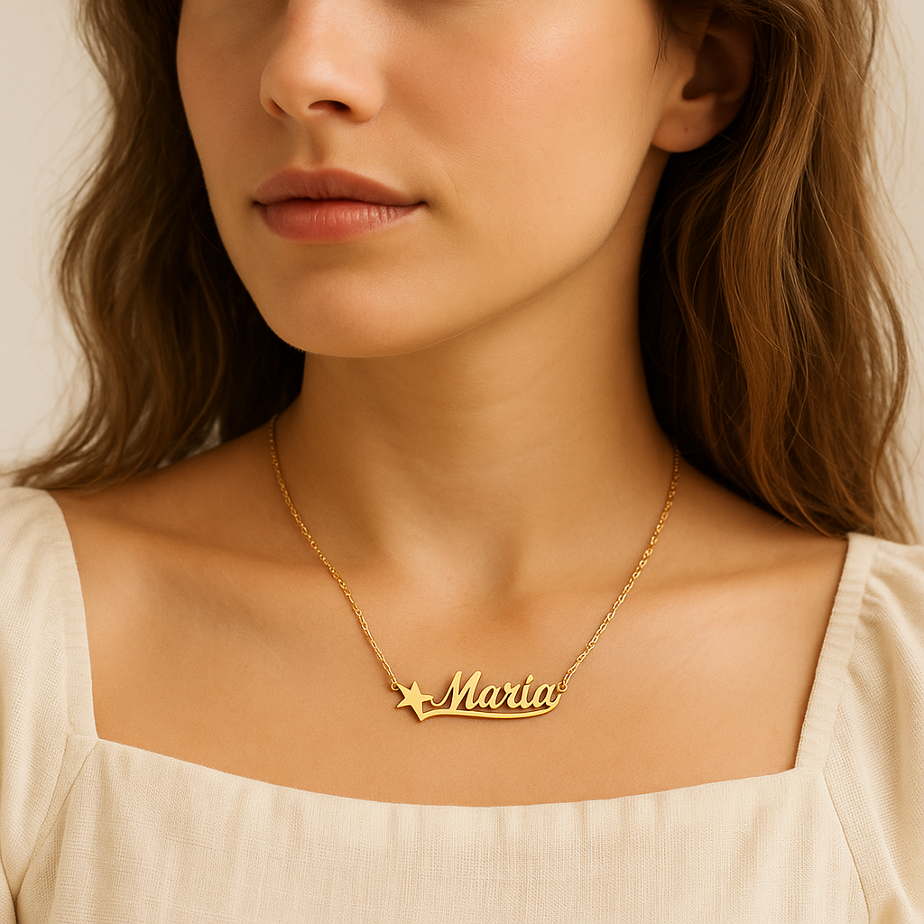  Detailed view of the gold-plated chain with a nameplate.  